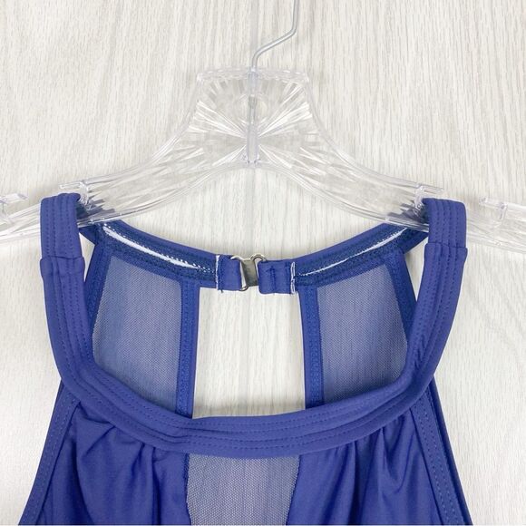 Yonique | Navy Blue Swim Dress With V-Neck Mesh Detail Size Large - Picture 4 of 10